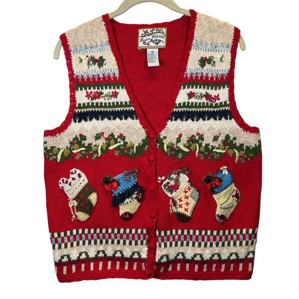 LCA Heirloom Collectibles Vintage Christmas Sweater Vest Red Stockings Grandma